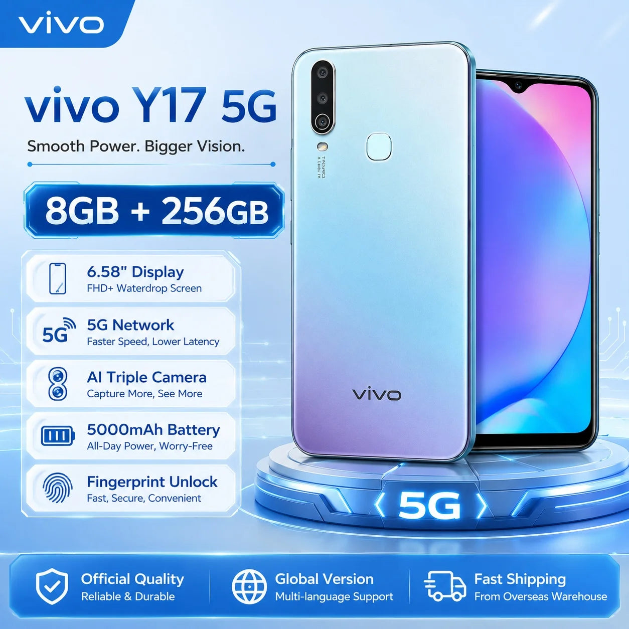 2026 new vivo Y17 5G 8GB+256GB Phone, 6.58'' FHD+ Display, AI Triple Camera, 20MP Selfie, 5000mAh Battery, Fingerprint Unlock