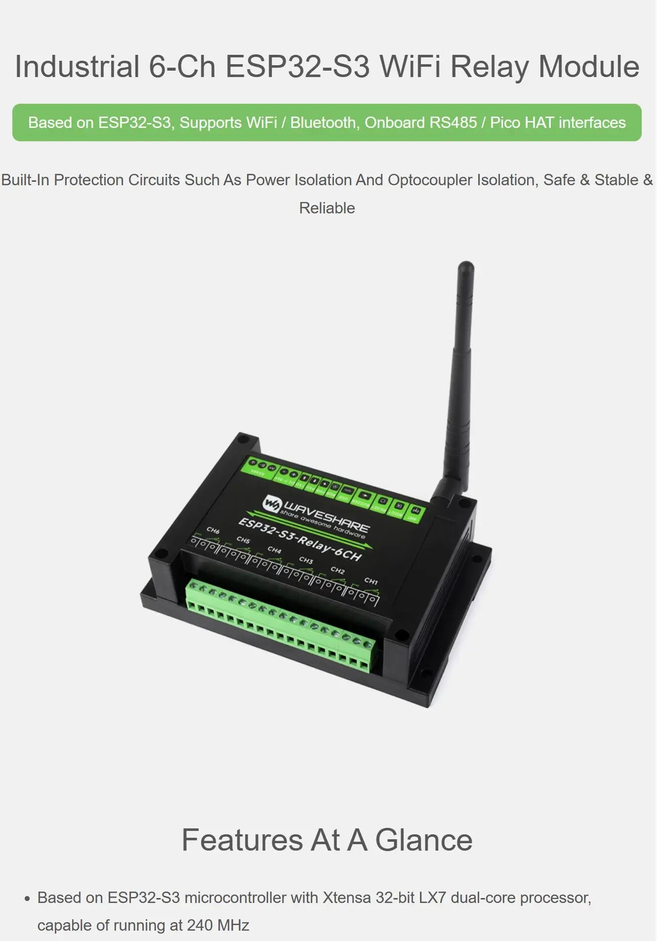 Industrial 6 relay Channel ESP32-S3 WiFi Relay Module Supports WiFi Bluetooth RS485 control Onboard RS485 Pico HAT interfaces