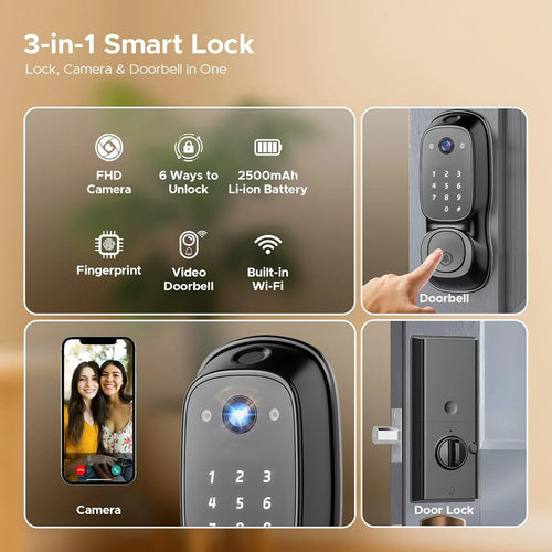 Tuya Wifi Smart Door Lock ‎Camera & Doorbell Multi-Function Fingerprint Lock 5-in-1 Digital Electronic App Control Smart Lock