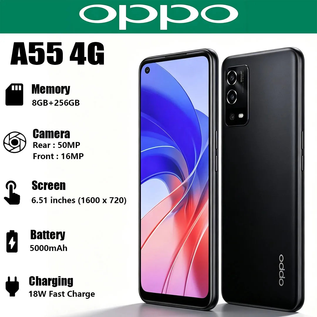 New OPPO A55 4G Global Version Mobile Phone 6.51" Big Screen 50MP AI Triple Camera 5000mAh Battery Budget Dual-SIM Smartphone