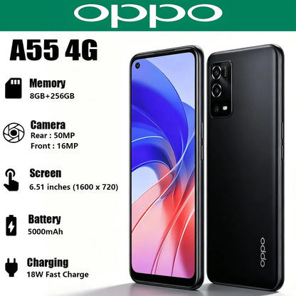 New OPPO A55 4G Global Version Mobile Phone 6.51" Big Screen 50MP AI Triple Camera 5000mAh Battery Budget Dual-SIM Smartphone