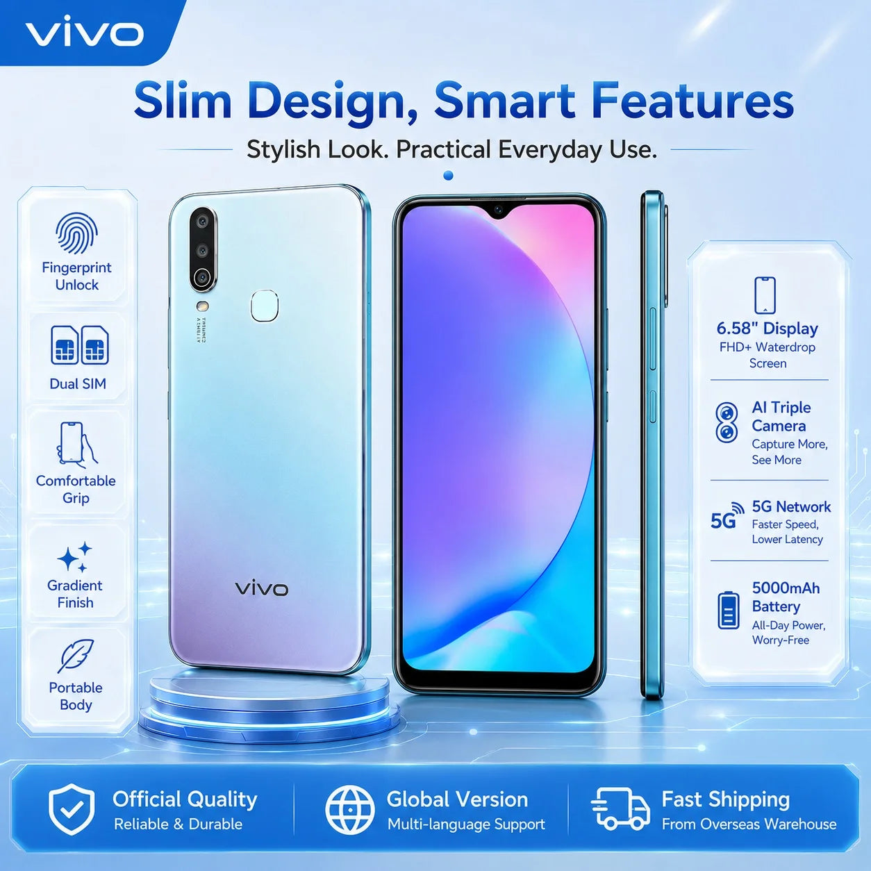 2026 new vivo Y17 5G 8GB+256GB Phone, 6.58'' FHD+ Display, AI Triple Camera, 20MP Selfie, 5000mAh Battery, Fingerprint Unlock
